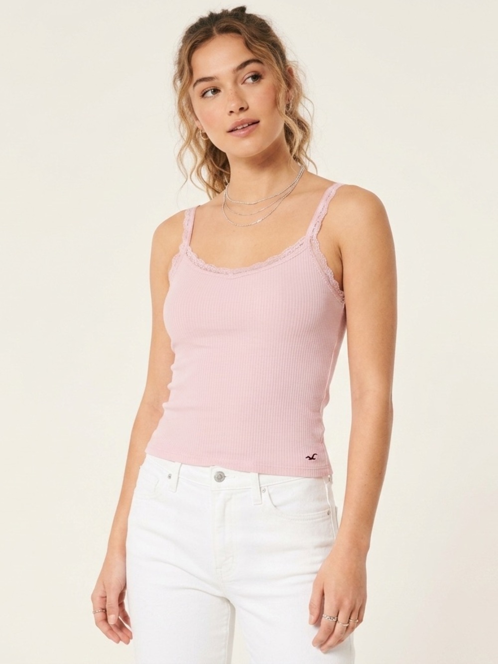 VTG Y2K Hollister Baby Pink Ribbed Lace Trim Cami Tank Top M Coquette McBling